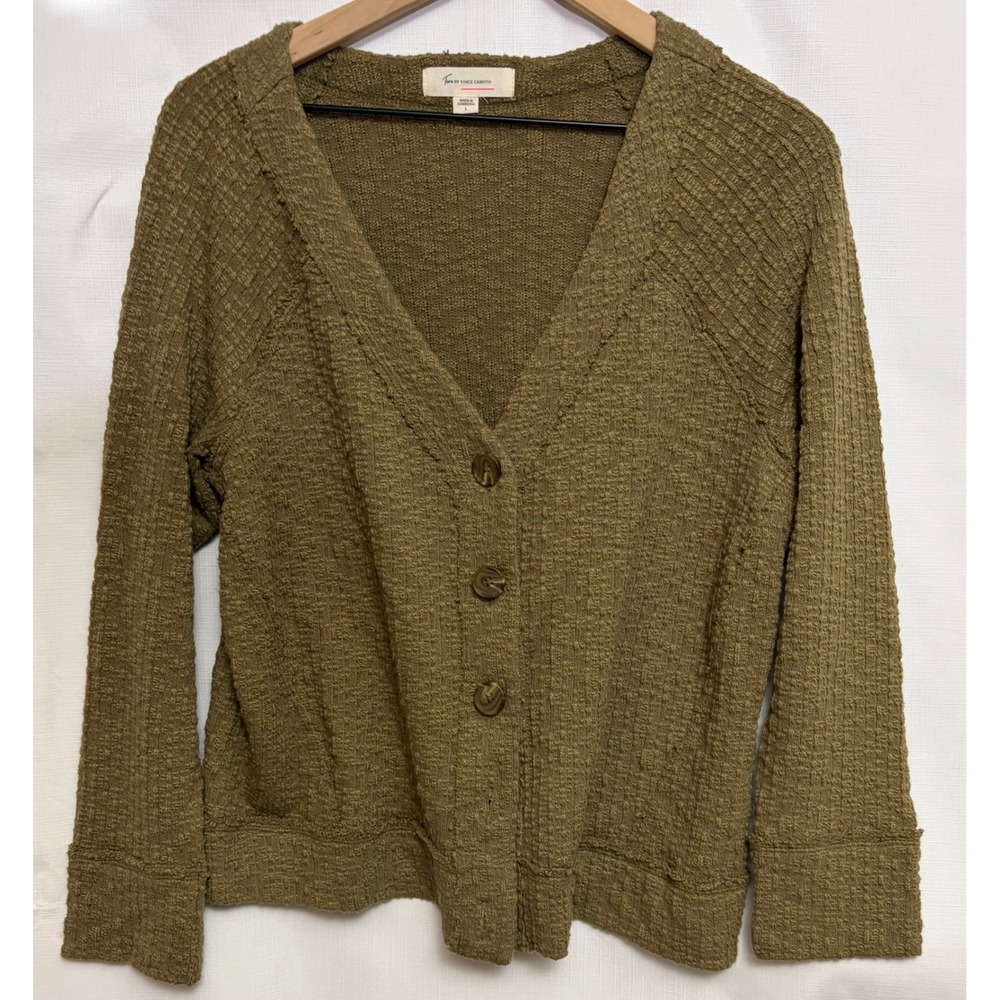 Two by Vince Camuto Cardigan Women Large Olive Green Excellent Textured V-Neck